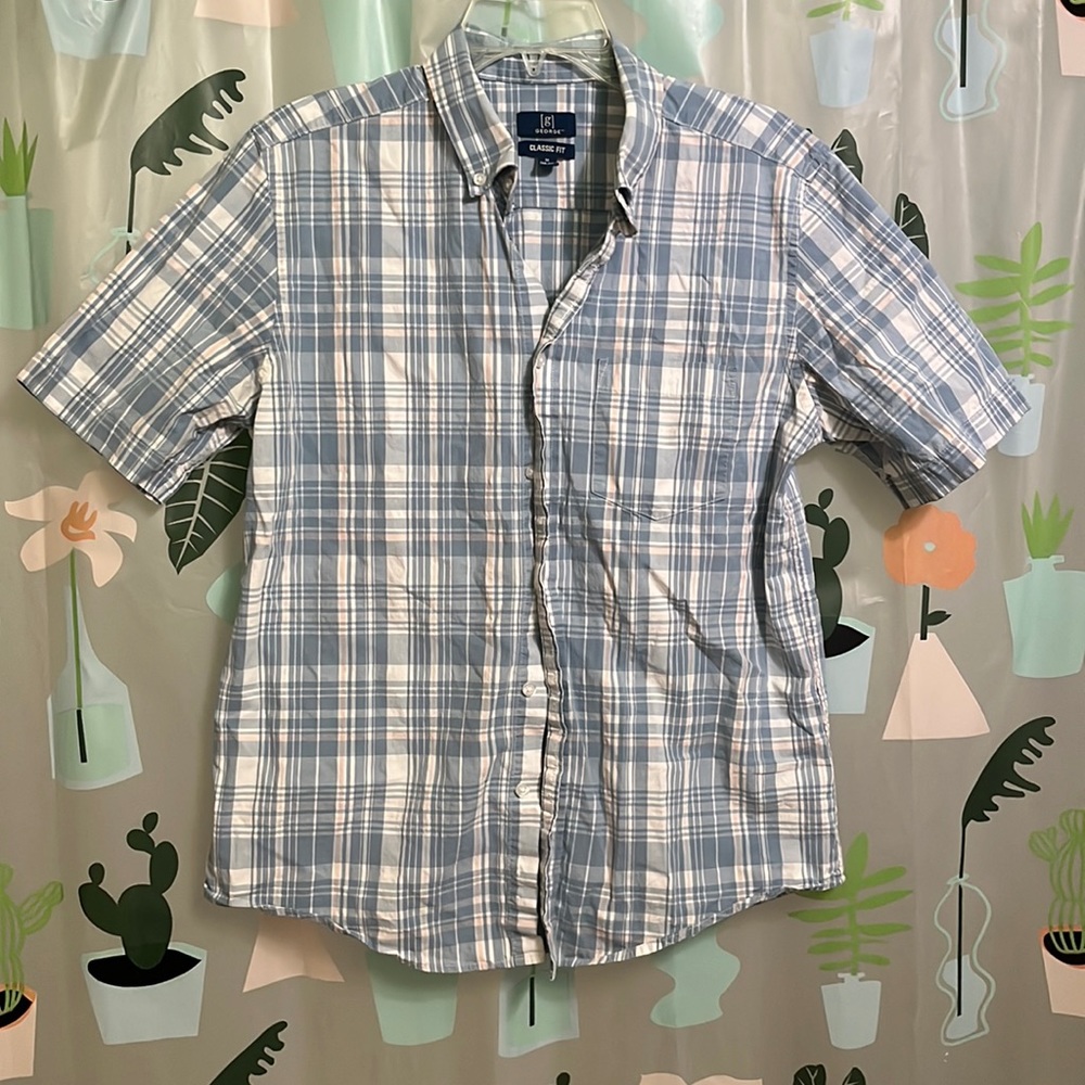 Men’s George classic fit button up blue plaid dress shirt